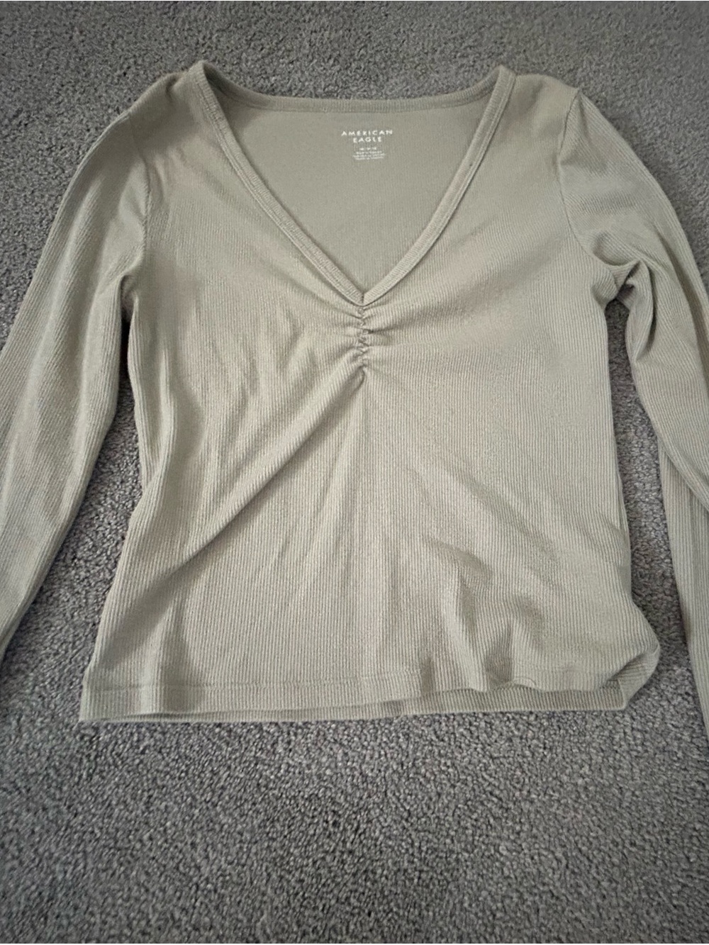 American Eagle Outfitters Sage Green Ribbed V-Neck Long Sleeve Top